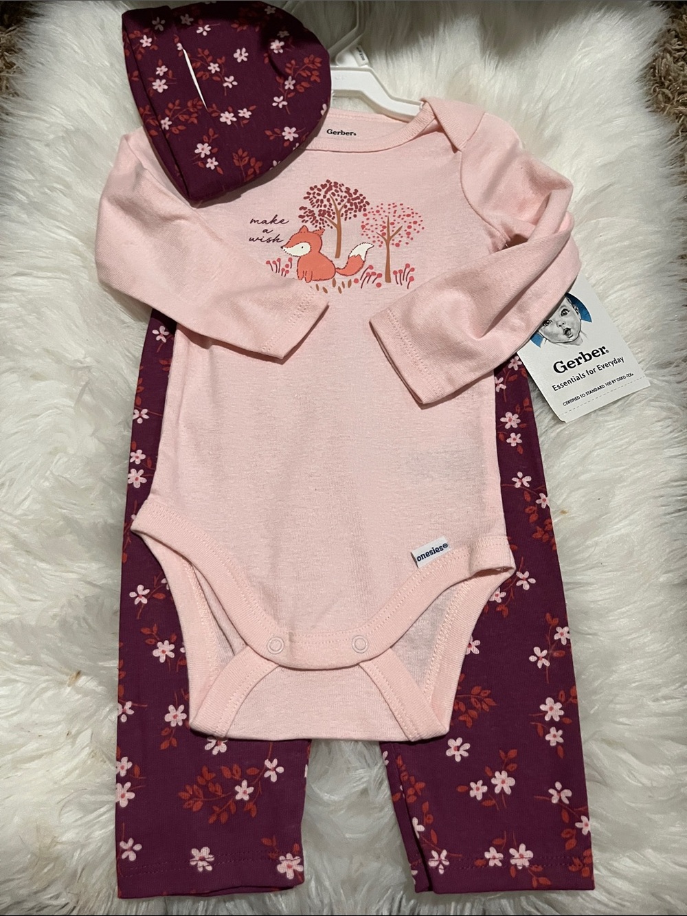 Gerber Pink Fox Bodysuit with Plum Floral Pants & Hat Set